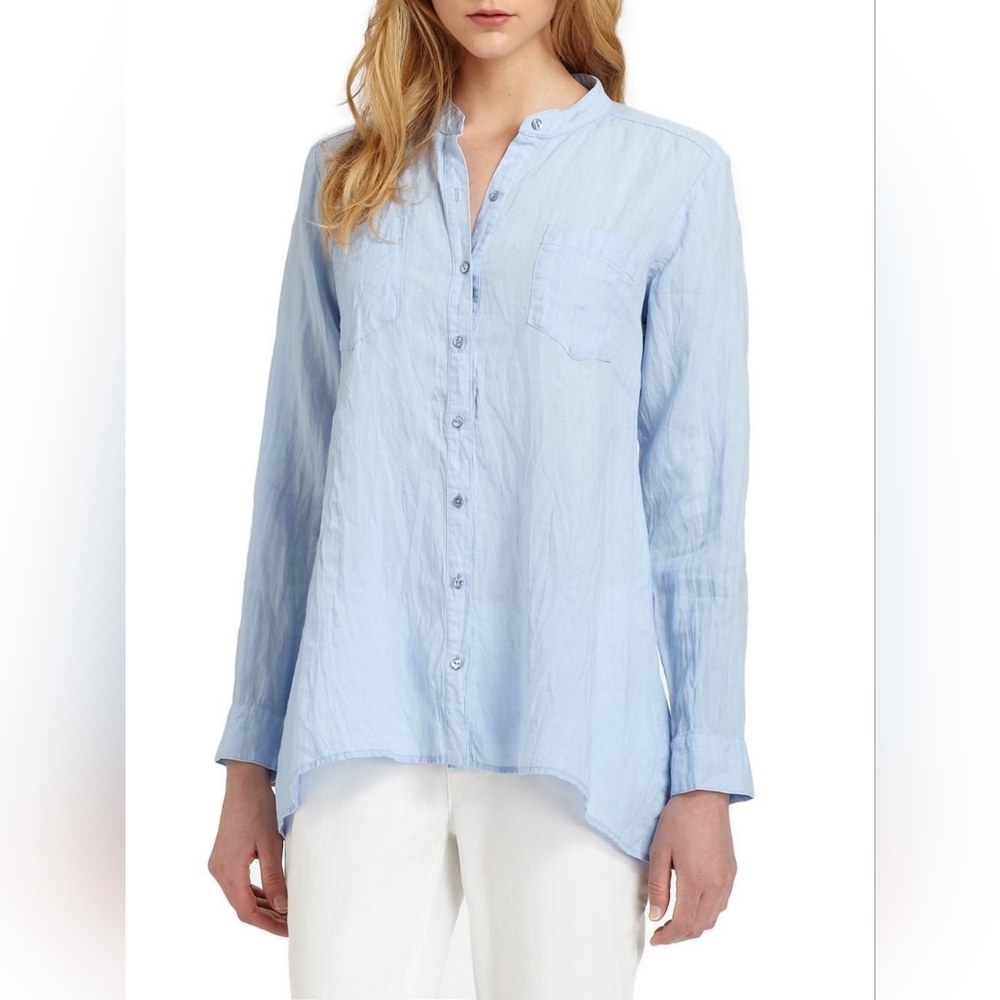 EILEEN FISHER 100%organic Irish linen long sleeve button down blouse in blue SzL